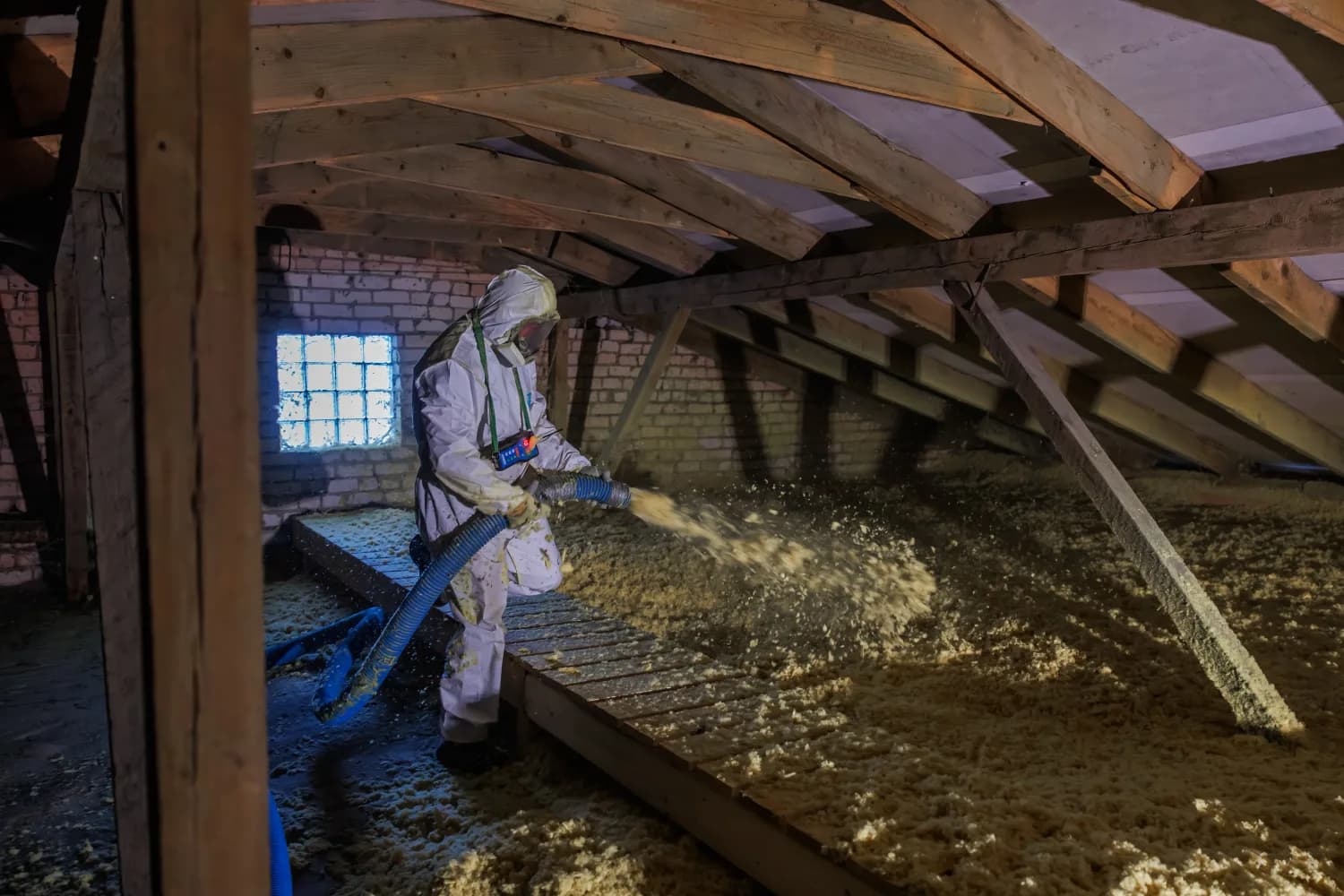 Worker blowing loose-fill insulation across an attic floor