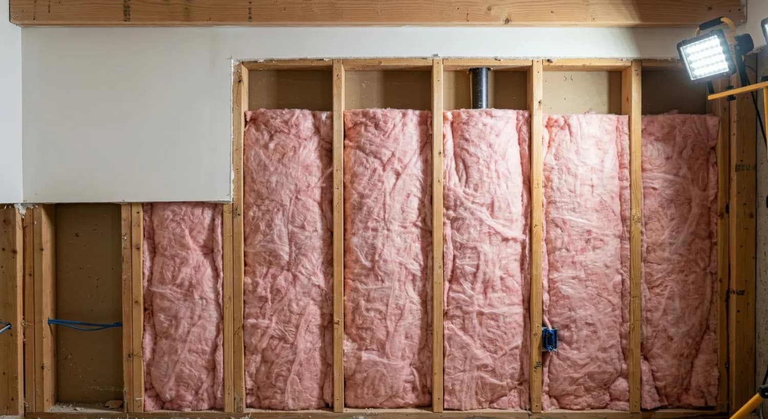 Batt insulation in wall framing with drywall partially installed